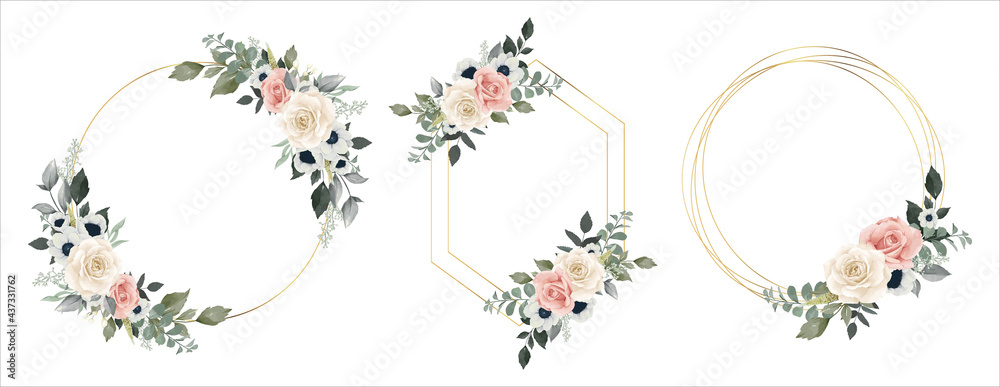 Flower Frame Watercolor Vector set. Flora Wreath Watercolor. Flower with gold frame. Rose and anemone flower. Wedding flower frame.