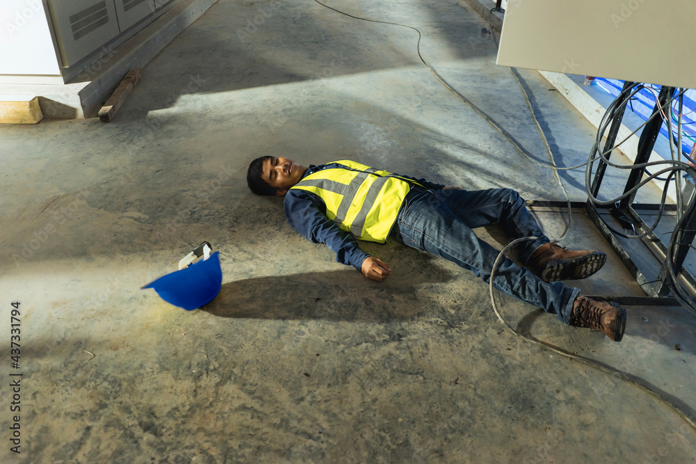 Asian electrician worker accident electric shock unconscious in site
