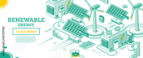 Renewable Green Energy Isometric Concept Isolated on White Background. Solar Panels and Wind Power Plants.