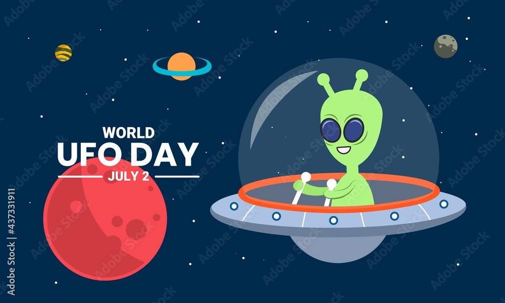 Vector illustration, Alien with UFO plane resembling a flying saucer