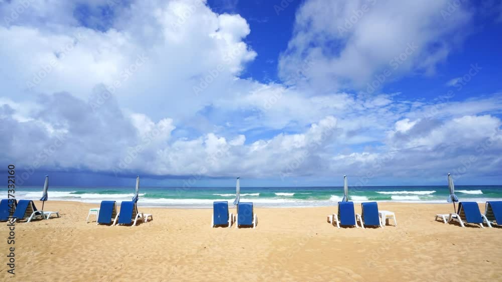 Summer Chairs on beach Empty beaches during lockdown because of COVID-19 ( Coronavirus ) pandemic in Phuket Thailand Tourism industry severely affected Summer Chairs on beach Empty beaches during lockdown because of COVID-19 ( Coronavirus ) pandemic in Phuket Thailand Tourism industry severely affected