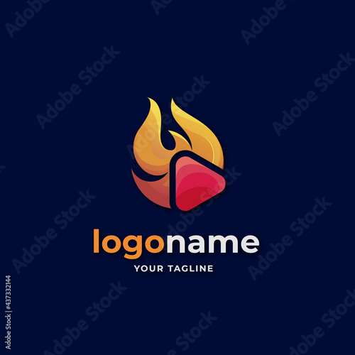 fire flame play button gradient logo with orange and red color