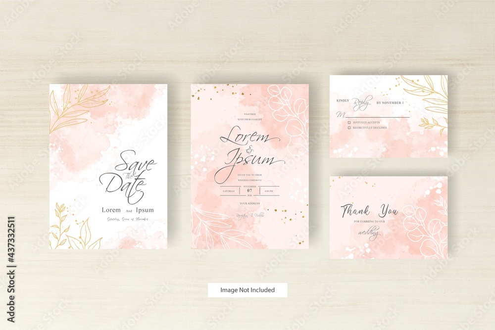 Minimalist watercolor wedding card template with hand drawn floral and watercolor splash design