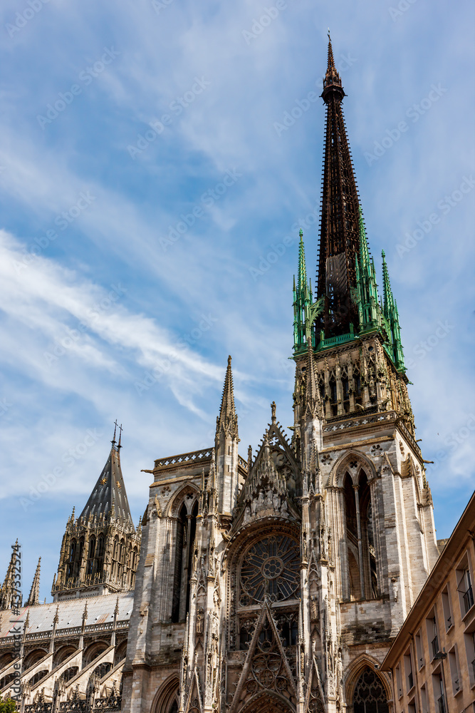 View of the south portal of Rouen Cathedral and the spire. Rouen, France