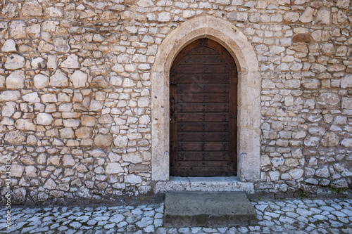 Arched Wooden Door in Old Stone Castle Wall