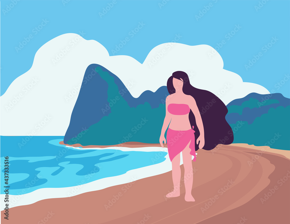 Beautiful Girl on Beach Sea and mountain background