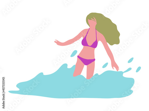 Beach girl playing in water illustration