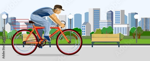 Old man rides a bicycle. Urban sports. Fitness and healthy lifestyle. Flat cartoon style. Cycling in old age. On background city park. Athletics. Illustration Vector