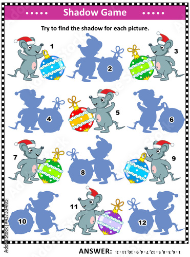 Winter holidays themed visual puzzle or picture riddle with mice and baubles  Can you find the shadow for each picture  Answer included. 