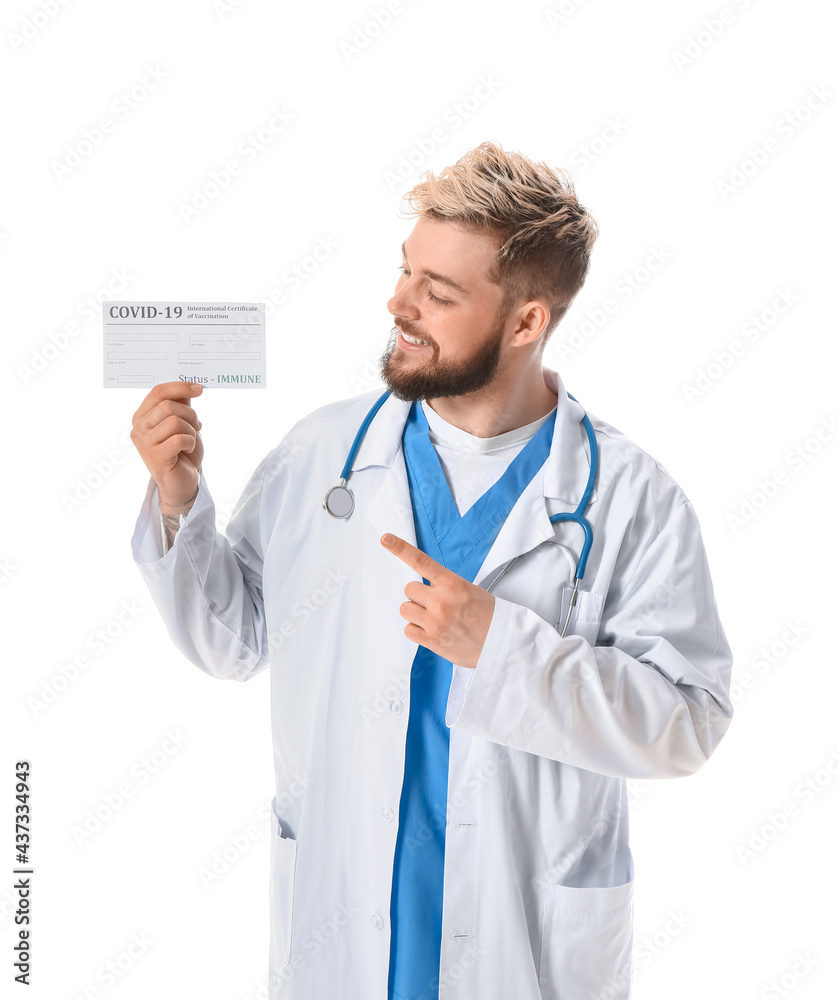 Doctor with blank form of International Certificate of Vaccination on white background Doctor with blank form of International Certificate of Vaccination on white background