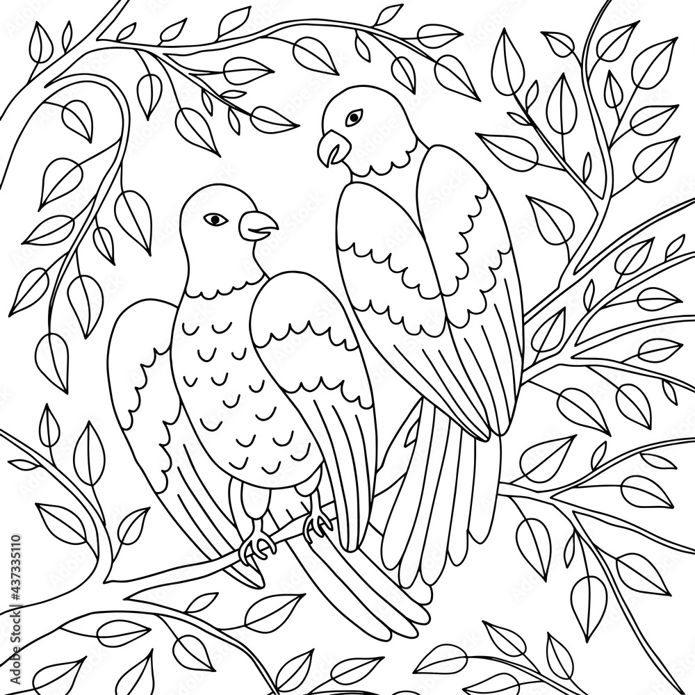 Parrots on branches with foliage. Parrots on branches with foliage.