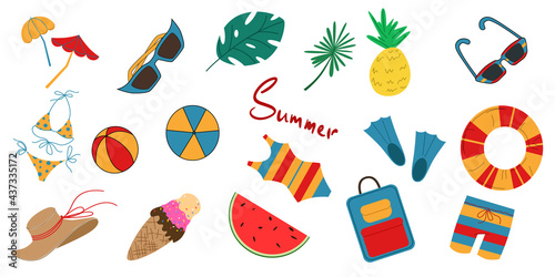 A set of summer products and things. Vector illustration in a flat cartoon style on a white background.