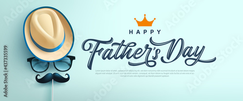 Father's Day poster or banner template with symbol of Dad from hat,glasses and mustache.Greetings and presents for Father's Day in flat lay styling.Promotion and shopping template for love dad