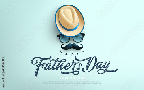 Father's Day poster or banner template with symbol of Dad from hat,glasses and mustache.Greetings and presents for Father's Day in flat lay styling.Promotion and shopping template for love dad photo