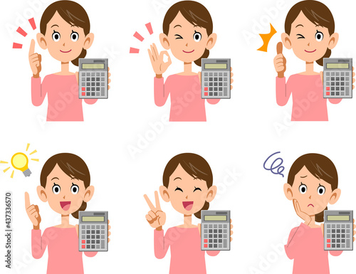 計算機を持つ女性の表情と仕草のイラスト6点セット
