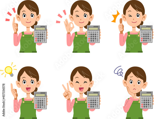 計算機を持つエプロンをつけた女性の表情と仕草のイラスト6点セット
