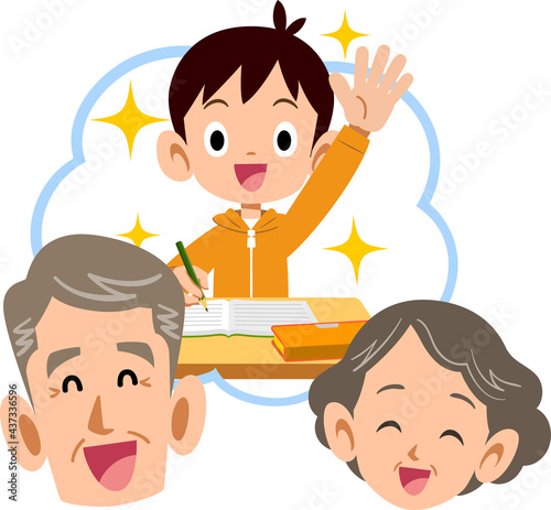 笑顔の祖父母と成績優秀な男の子の孫
