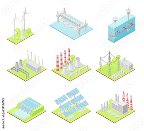 Green Energy with Solar Panels, Wind Generator and Hydro Power Station Isometric Vector Set