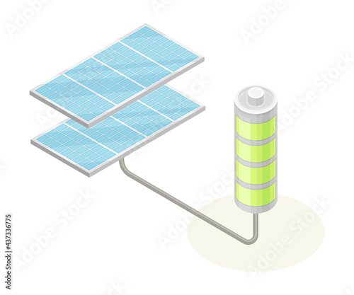 Solar Panel with Cells and Battery as Ecology and Environment Protection and Conservation Isometric Vector Illustration