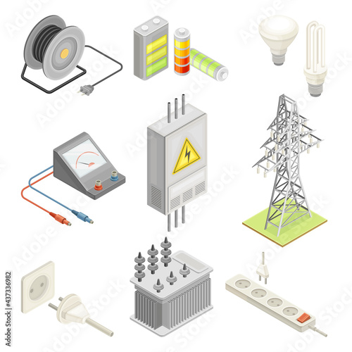 Electric Power Objects with Breaker Box, Socket and Lightbulb Isometric Vector Set