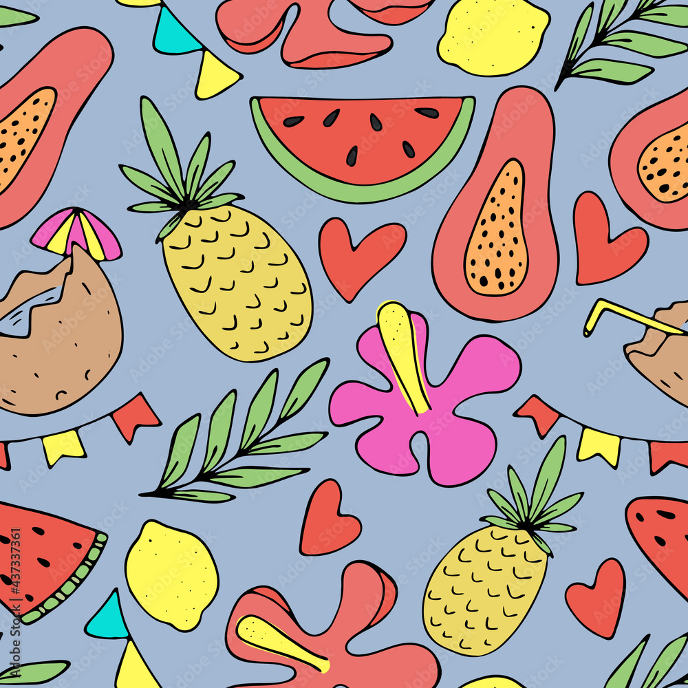 summer exotic fruits - watermelon, papaya, banana, lemon, set of green tropical leaves, set of green tropical green leaves, vector seamless pattern of doodle elements summer exotic fruits - watermelon, papaya, banana, lemon, set of green tropical leaves, set of green tropical green leaves, vector seamless pattern of doodle elements