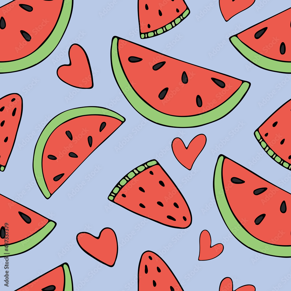 slices of red watermelon with black seeds, ripe fruit, hearts, set of green tropical green leaves, vector seamless pattern of doodle elements slices of red watermelon with black seeds, ripe fruit, hearts, set of green tropical green leaves, vector seamless pattern of doodle elements