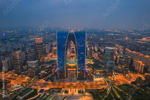 Aerial view of the skyline in Suzhou at night.