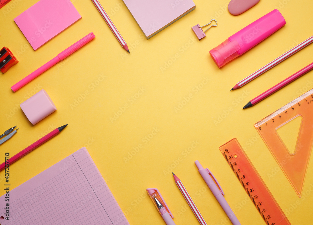 Back to school. Yellow background with school supplies: stickers, scissors, markers, globe, rulers. Copy space. Bright colored background. Back to school. Yellow background with school supplies: stickers, scissors, markers, globe, rulers. Copy space. Bright colored background.