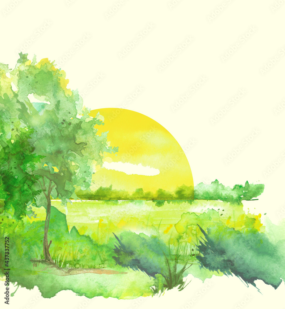 Watercolor painting, landscape of bright yellow,green grass, steppe, wild flowers, plants, field, meadowy.On a white background. Logo, card.Watercolor green tree. Summer, autumn countryside landscape
