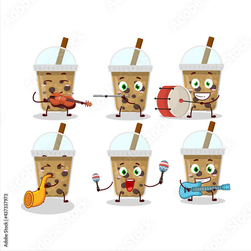 Cartoon character of chocolate coffee with boba playing some musical instruments