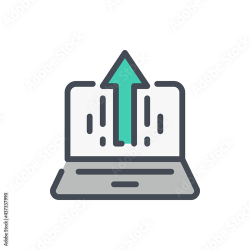 Laptop with arrow up color line icon. Upload files from computer vector outline colorful sign.