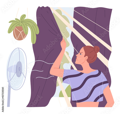 Woman draws the curtains she is very hot at home in the heat of summer
