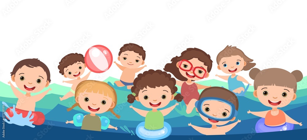Children fun and splashing in water. Waves. Swimming, diving and water sports. Pool or beach. Isolated on white background. Illustration in cartoon style. Flat design. Vector art Children fun and splashing in water. Waves. Swimming, diving and water sports. Pool or beach. Isolated on white background. Illustration in cartoon style. Flat design. Vector art