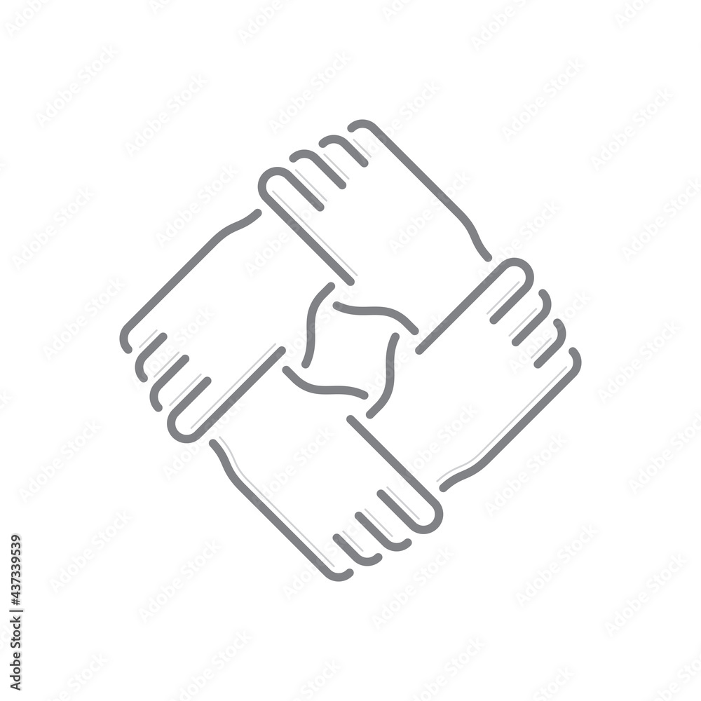 Vector black line symbol of joined hands. Isolated on white background.