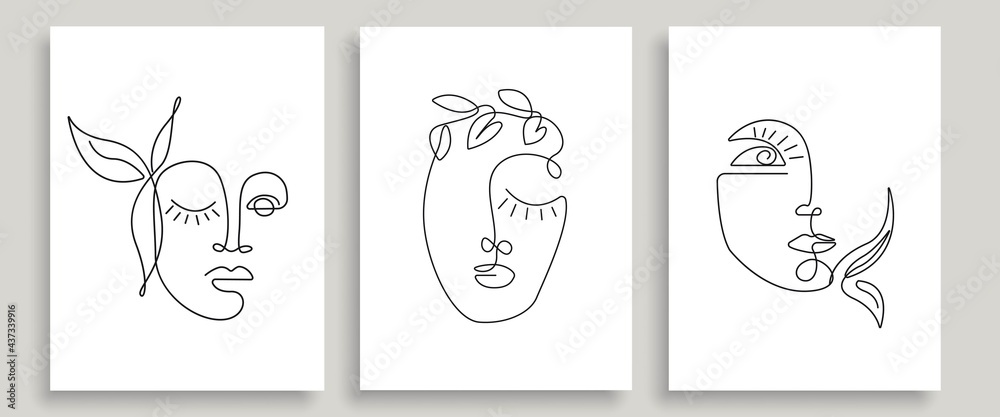 Abstract Faces One Line Drawing Prints Set. Creative Contemporary Abstract Line Drawing. Modern Fashion Vector Minimalist Design for Wall Art, Print, Card, Poster.