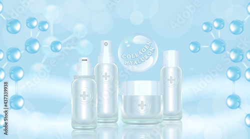 Beauty product ad design, blue cosmetic containers with collagen solution advertising background ready to use, luxury skincare banner, illustration vector.