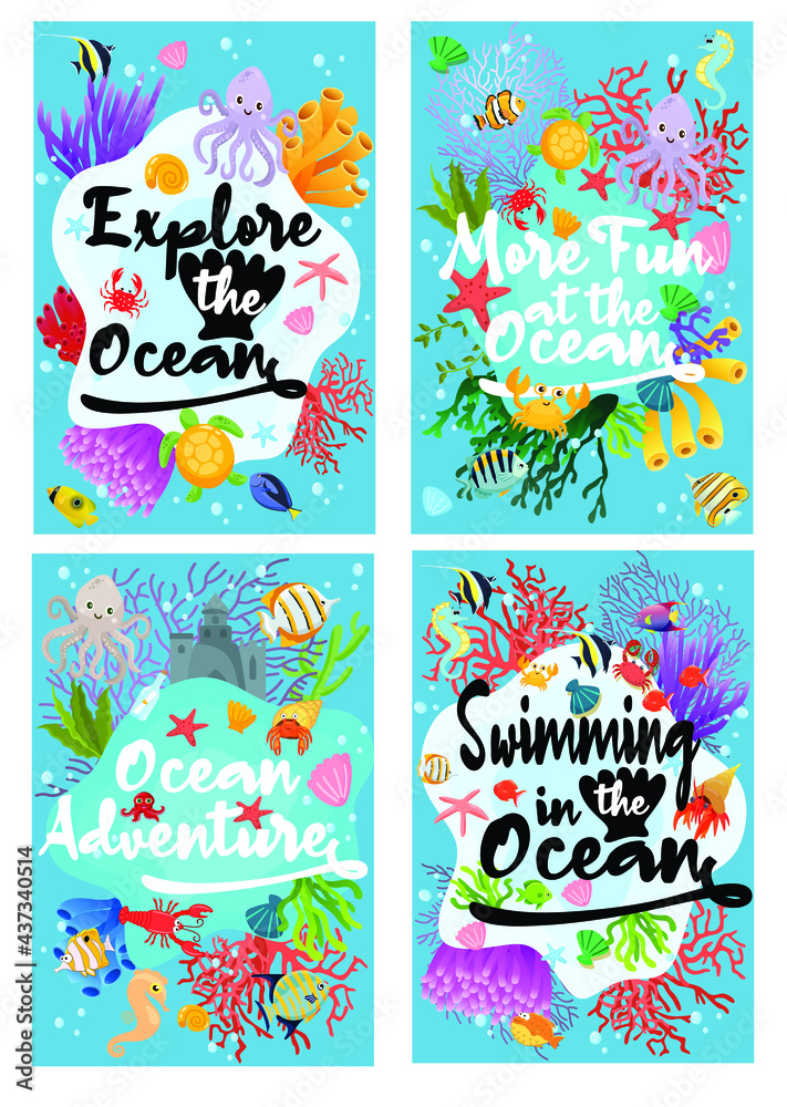 vector one card set of the ocean vibes, explore the ocean, more fun at the ocean, ocean adventure, swimming in the ocean.  vector one card set for sign or symbol or other