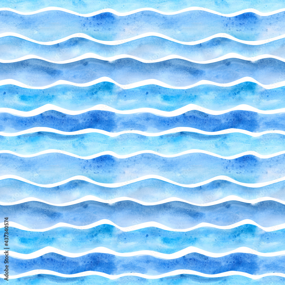 Blue and turquoise watercolor wavy lines seamless pattern on a white background. Abstract ocean endless print. Hand-drawn waves background. Horizontal wave illustration. Teal backdrop. Wallpaper.