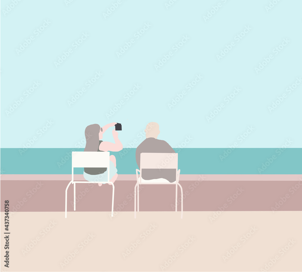 Fototapeta premium Couple sitting on chair using cellphone camera app taking selfie picture outdoors for social media while travel relax seeing ocean.