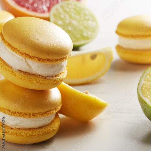 yellow macaroons on a table