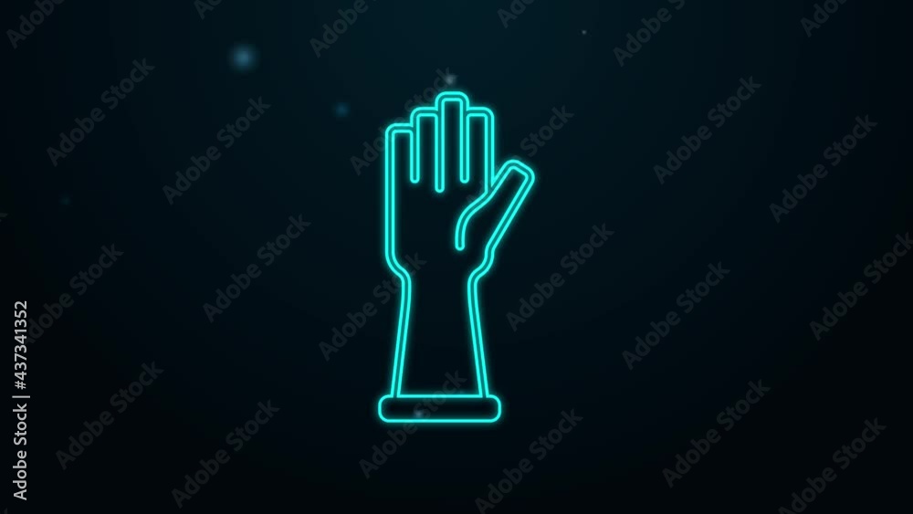 Glowing neon line Rubber gloves icon isolated on black background. Latex hand protection sign. Housework cleaning equipment symbol. 4K Video motion graphic animation Glowing neon line Rubber gloves icon isolated on black background. Latex hand protection sign. Housework cleaning equipment symbol. 4K Video motion graphic animation