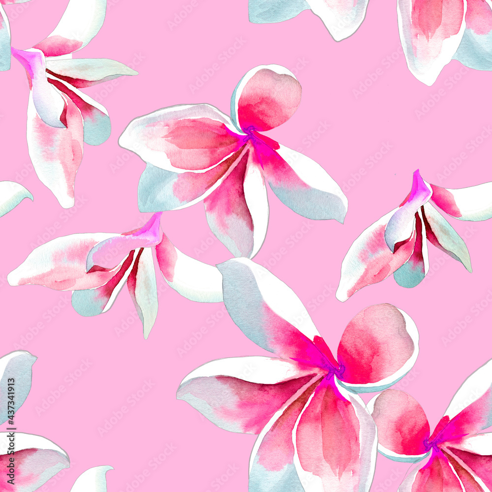 White pink plumeria flowers on light pink background seamless pattern for all prints. tropical pattern.