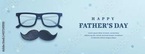 Father's Day poster or banner template with realistic glasses and moustache on blue background