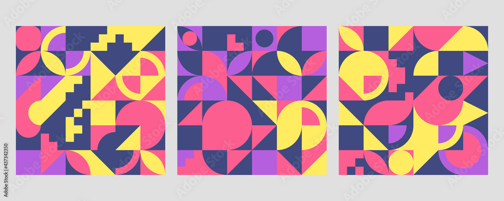 Vector Abstract Bauhaus style Colorful Geometric and Curvy pattern background illustration. Set of Abstract background for Cover, Magazine, Poster, and print in Eps 10. 