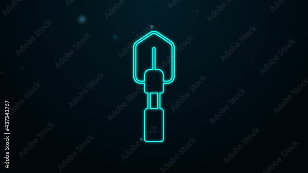 Glowing neon line Shovel icon isolated on black background. Gardening tool. Tool for horticulture, agriculture, farming. 4K Video motion graphic animation