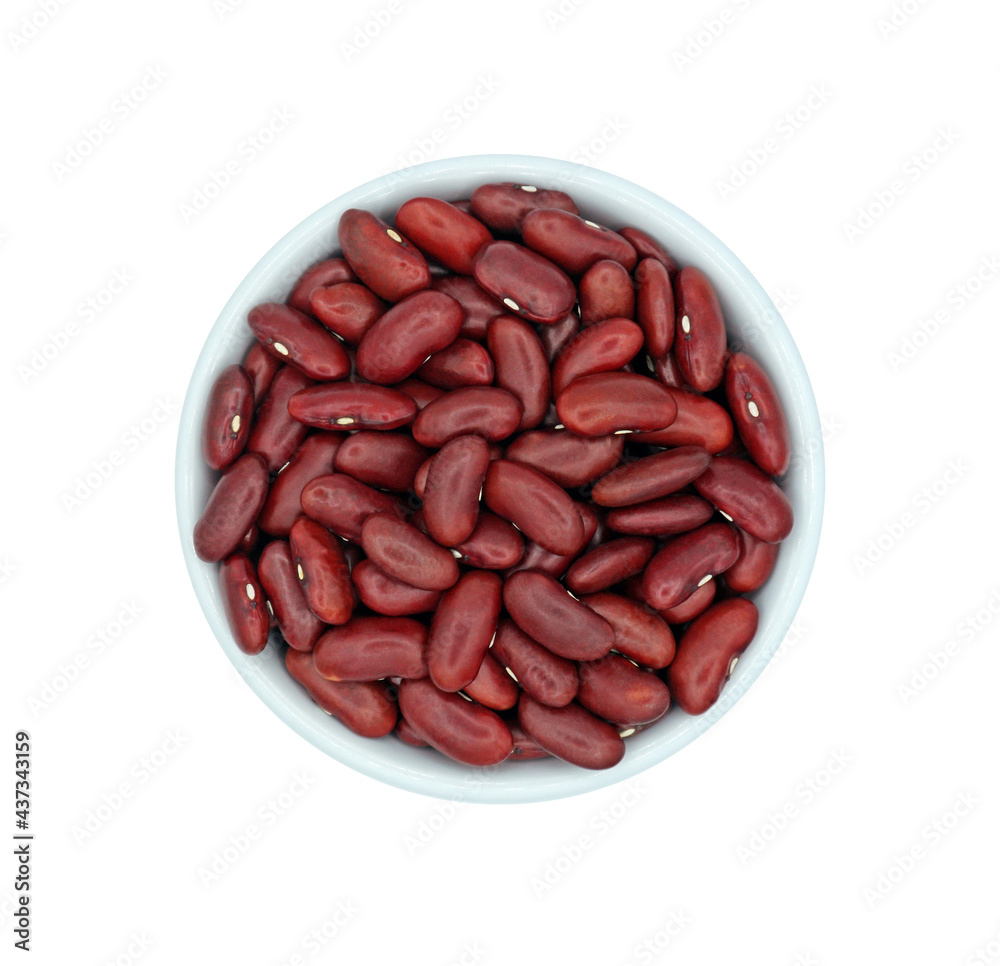 Raw red kidney beans in white ceramic bowl, Cut out with clipping path, Isolated on white background, Organic grains food, Top view Raw red kidney beans in white ceramic bowl, Cut out with clipping path, Isolated on white background, Organic grains food, Top view