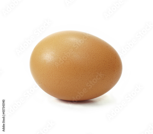 Single raw chicken egg, Speckled egg, Close up, Isolated on white background