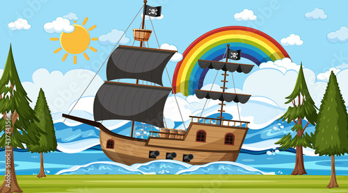Ocean with Pirate ship at day time scene in cartoon style