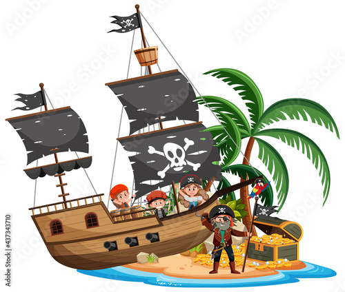Pirate ship on island with many kids isolated on white background