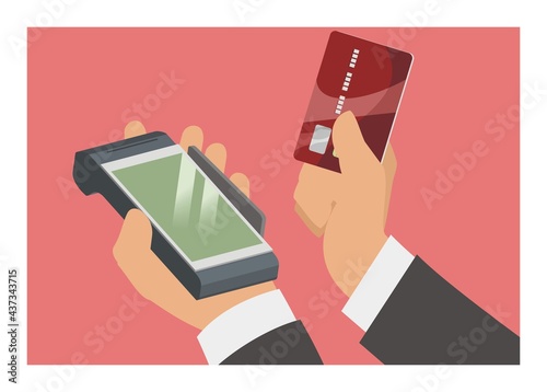 Hand holding touchscreen EDC machine and credit card.